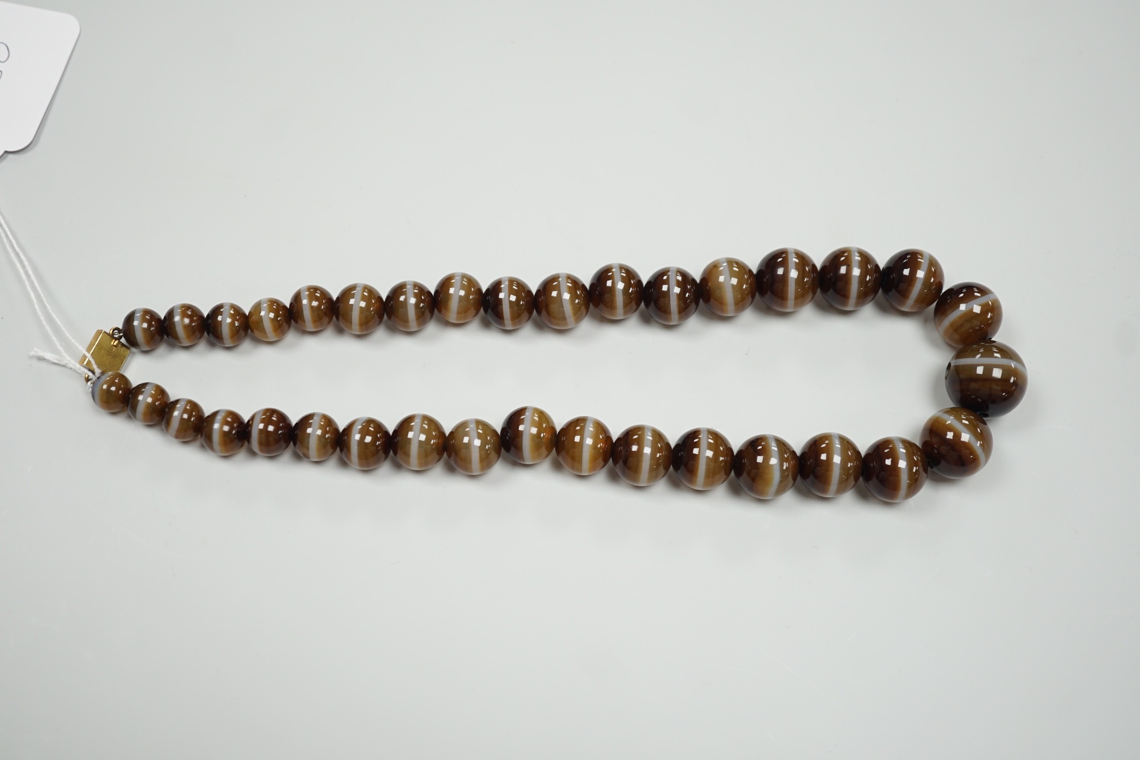 A single strand graduated banded agate circular bead necklace with yellow metal clasp, 46cm.